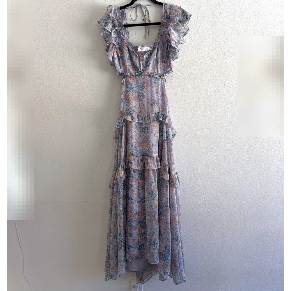 ASTR The Label Mable Floral Tiered Cutout Chiffon Maxi Dress Lavender Small - Picture 2 of 9